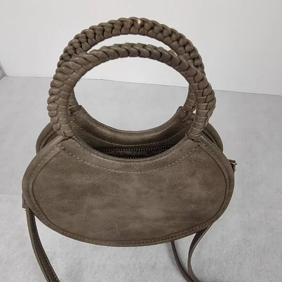 Antik Kraft Round Crossbody Bag Gray Brown Faux Leather Braided Handle - Picture 2 of 14
